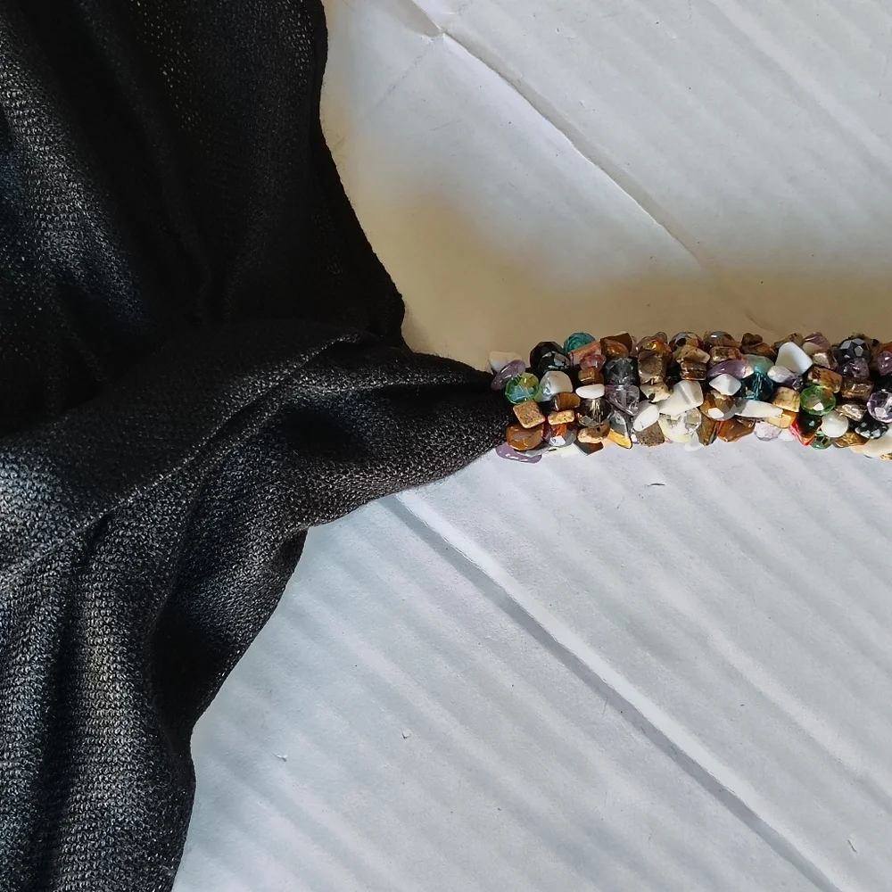 Artisan Crystal Beaded Necklace Scarf Stone Chips Nuggets Wrapped Fringe Black